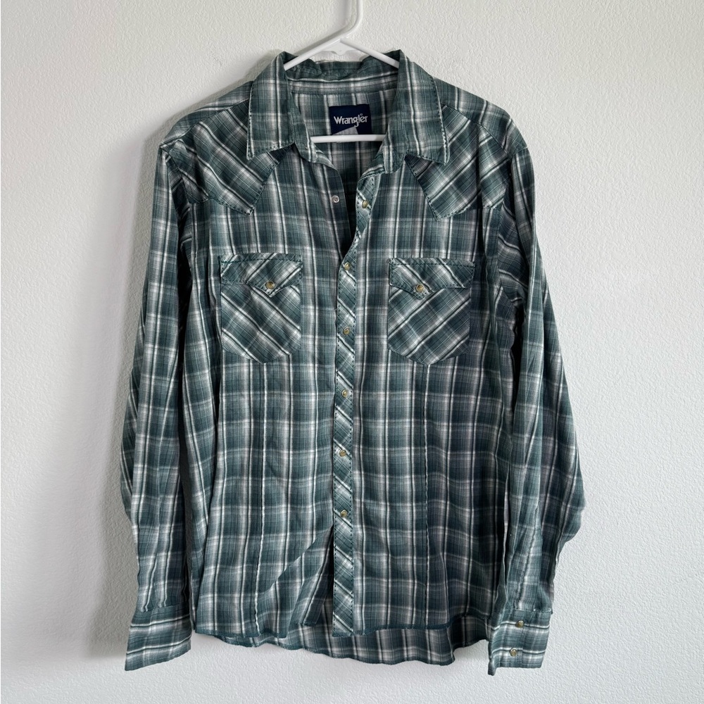 Vintage Wrangler Mens Blue Pearl Snap‎ Flannel Button Down Fits Large